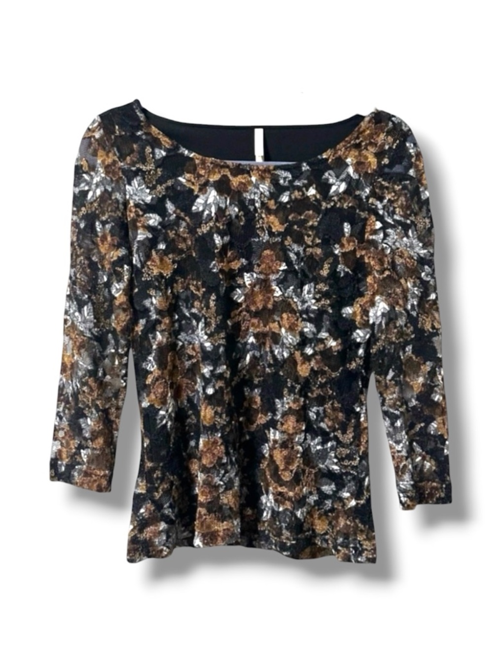 Y2K White Stag Black Brown Floral Mesh Overlay Long Sleeve Top Womens Size Small